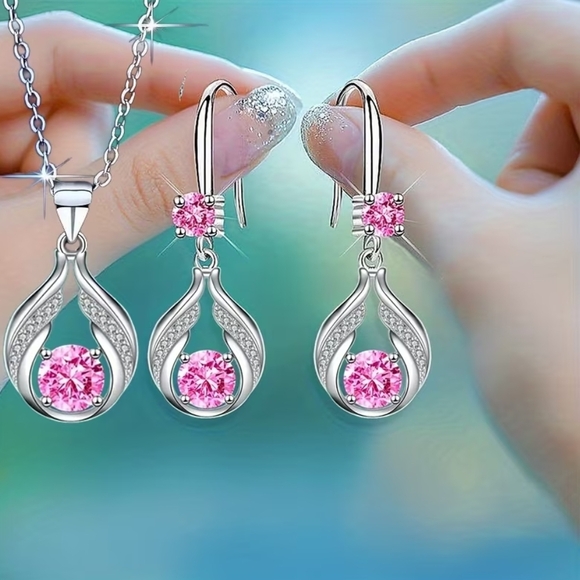 High Tech Jewelry Jewelry - 3pcs. Teardrop Necklace and Earrings with Pink Crystal Accents